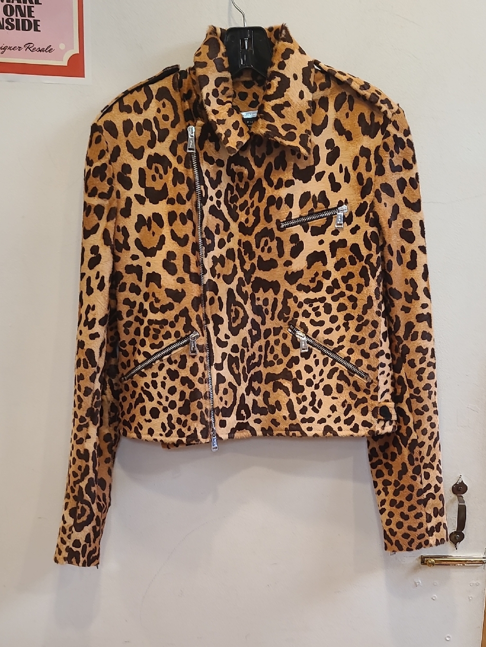 Ralph Lauren Leopard Print Leather Moto Jacket in Tan and Black Calf hair